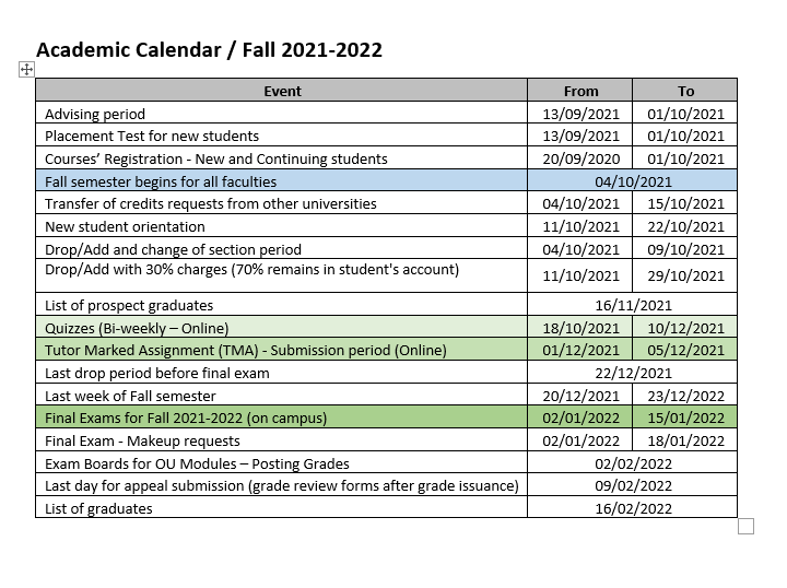 Academic Calendar